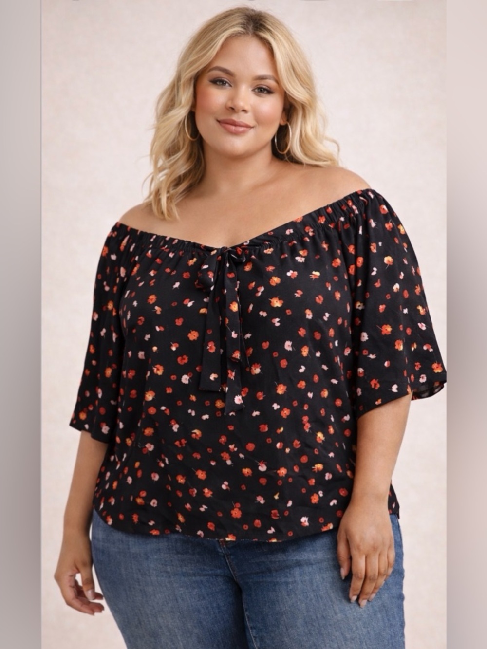 7 For All Mankind Black Off-Shoulder Floral Tie-Neck Top